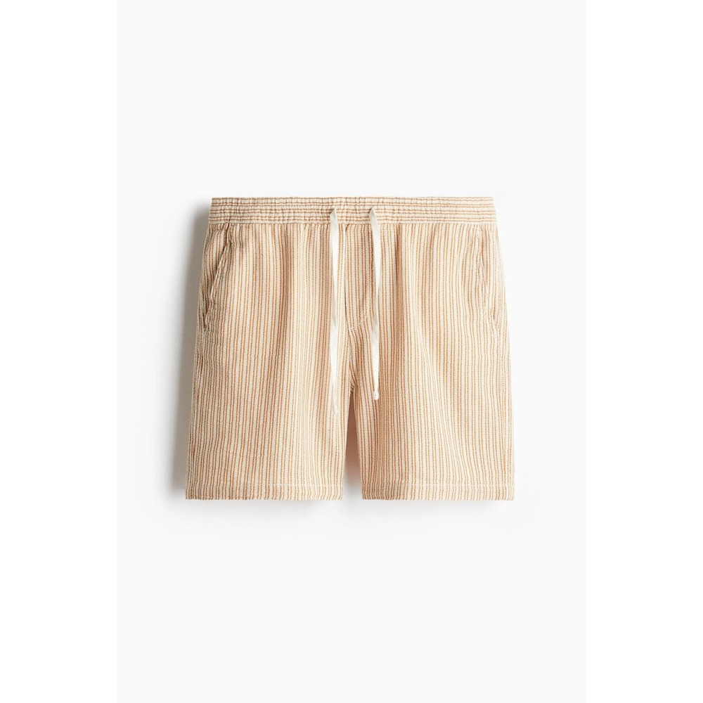 HM Mens Regular‎ Fit Striped Seersucker Shorts Tan White Drawstring Size L
